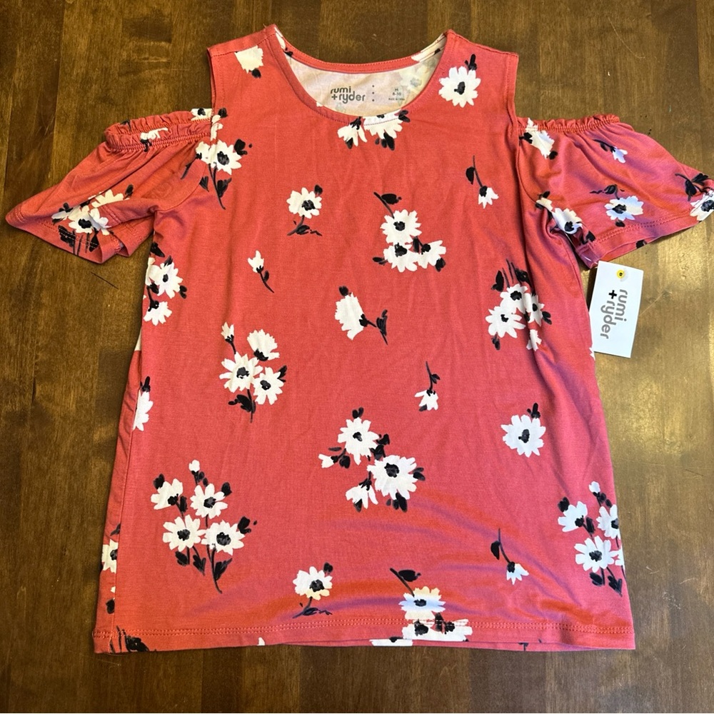 NEW Rumi + Ryder Girls Top Size‎ M (8-10) Floral Cold Shoulder Pink Stretch